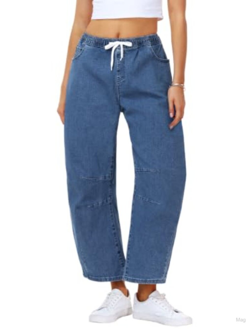 Drawstring Barrel Jeans Cropped Cotton Spandex Denim Pants Pockets